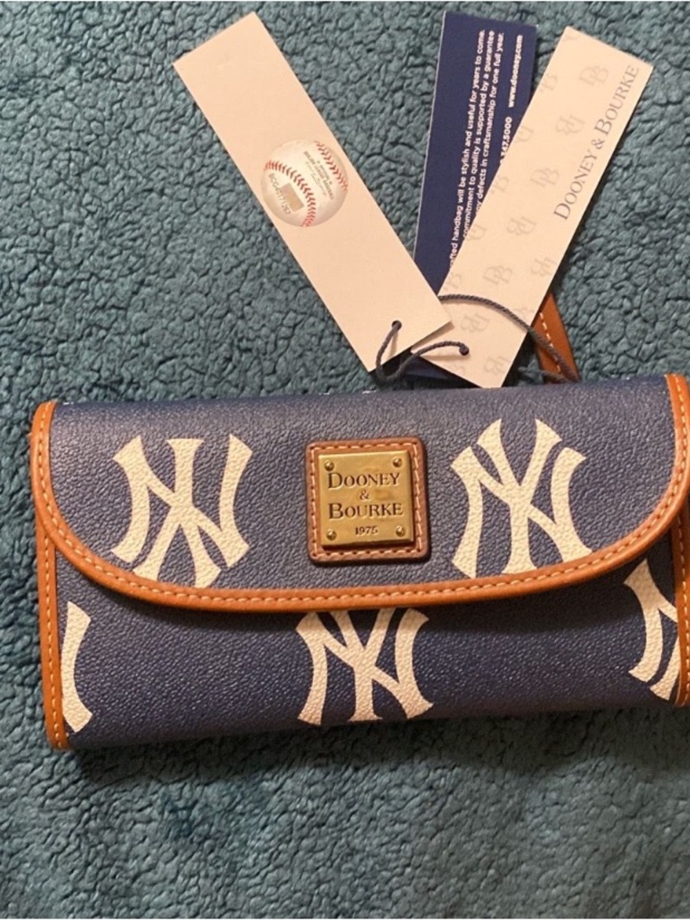 Dooney & Bourke Navy White New York Yankees Logo Wallet with Brown Trim